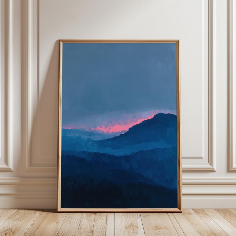 minimalist blue mountain landscape print | abstract dreamy sunset poster | blue & pink nursery decor | serene moody blue nature wall art | misty foggy mountain print | tranquil nature artwork