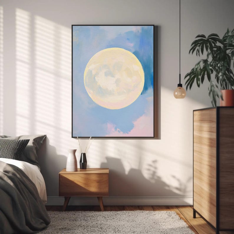 pastel moon art print | dreamy full moon painting | celestial wall decor | soft aesthetic boho minimalist decor | nursery art print | whimsical mystical full moon eclectic gallery wall art