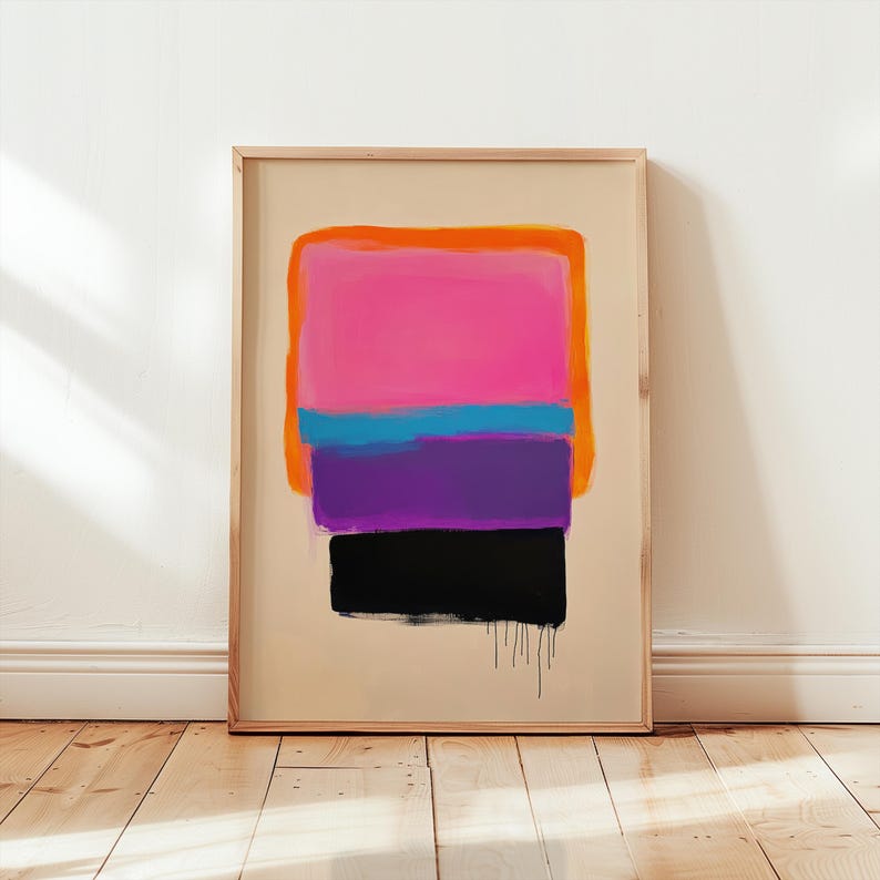 modern minimalist abstract wall art | color block painting | bold neon pink & orange artwork | contemporary vibrant decor | color gradient art | purple wall art | mid-century wall art | retro print