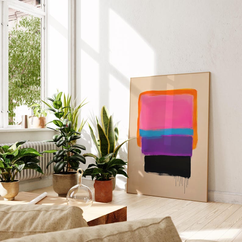 modern minimalist abstract wall art | color block painting | bold neon pink & orange artwork | contemporary vibrant decor | color gradient art | purple wall art | mid-century wall art | retro print