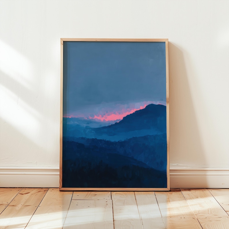 minimalist blue mountain landscape print | abstract dreamy sunset poster | blue & pink nursery decor | serene moody blue nature wall art | misty foggy mountain print | tranquil nature artwork