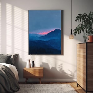 minimalist blue mountain landscape print | abstract dreamy sunset poster | blue & pink nursery decor | serene moody blue nature wall art | misty foggy mountain print | tranquil nature artwork