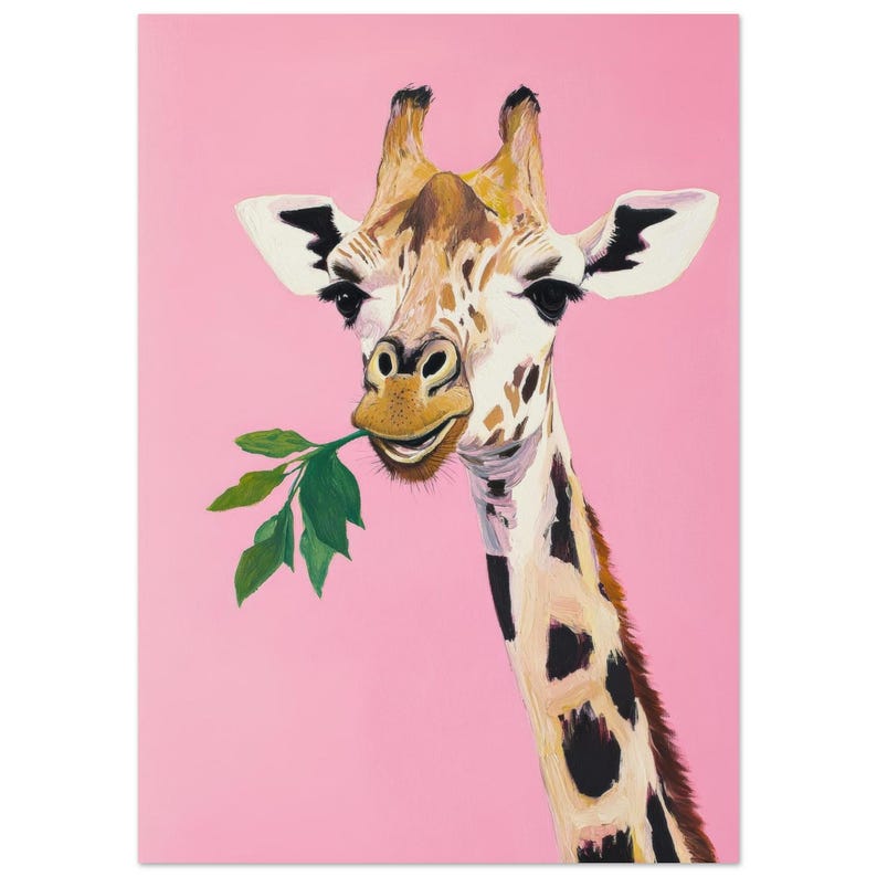 cute giraffe wall art | whimsical animal nursery decor | playful pink boho aesthetic | cool funny animal art print | kid's room wall art | preppy animal decor