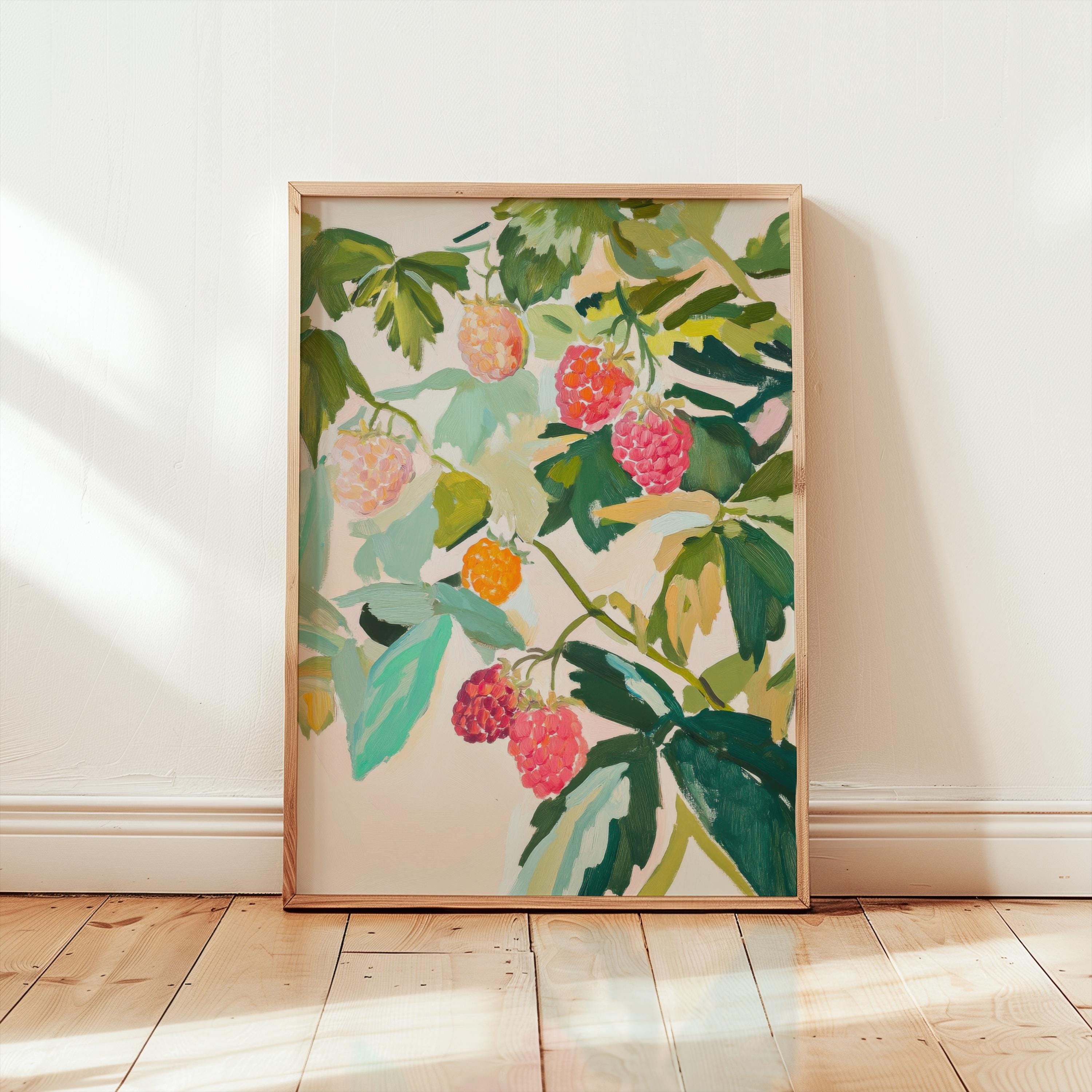 Botanical Berry Art Print | Cottagecore Raspberry Poster | Green