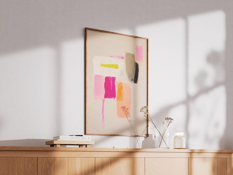vibrant abstract wabi sabi art print | minimalist mid-century color field poster | boho modern Scandi inspired neon pink gallery wall art | contemporary color block print | modern abstract expressionist minimalist wall art | statement wall art | pink and earthy tones dopamine decor fine art print | peach wall art