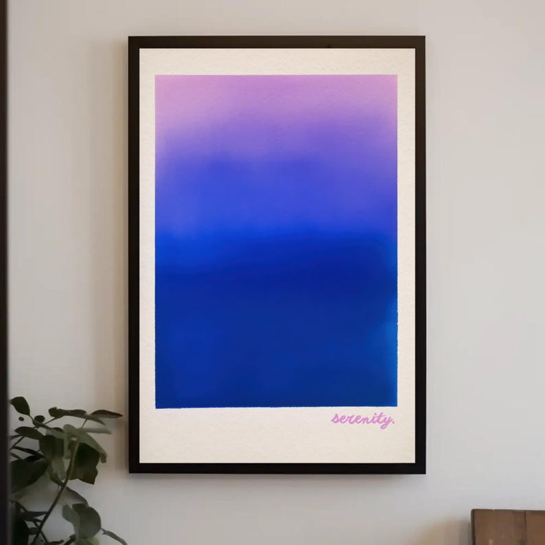 gradient art print | ethereal dopamine decor | blue & purple abstract color field poster | calming color therapy print | soft aesthetic art | typography | serenity decor | meditation poster | contemporary lavender and blue ombre art print | moody wall art | neon blue wall art