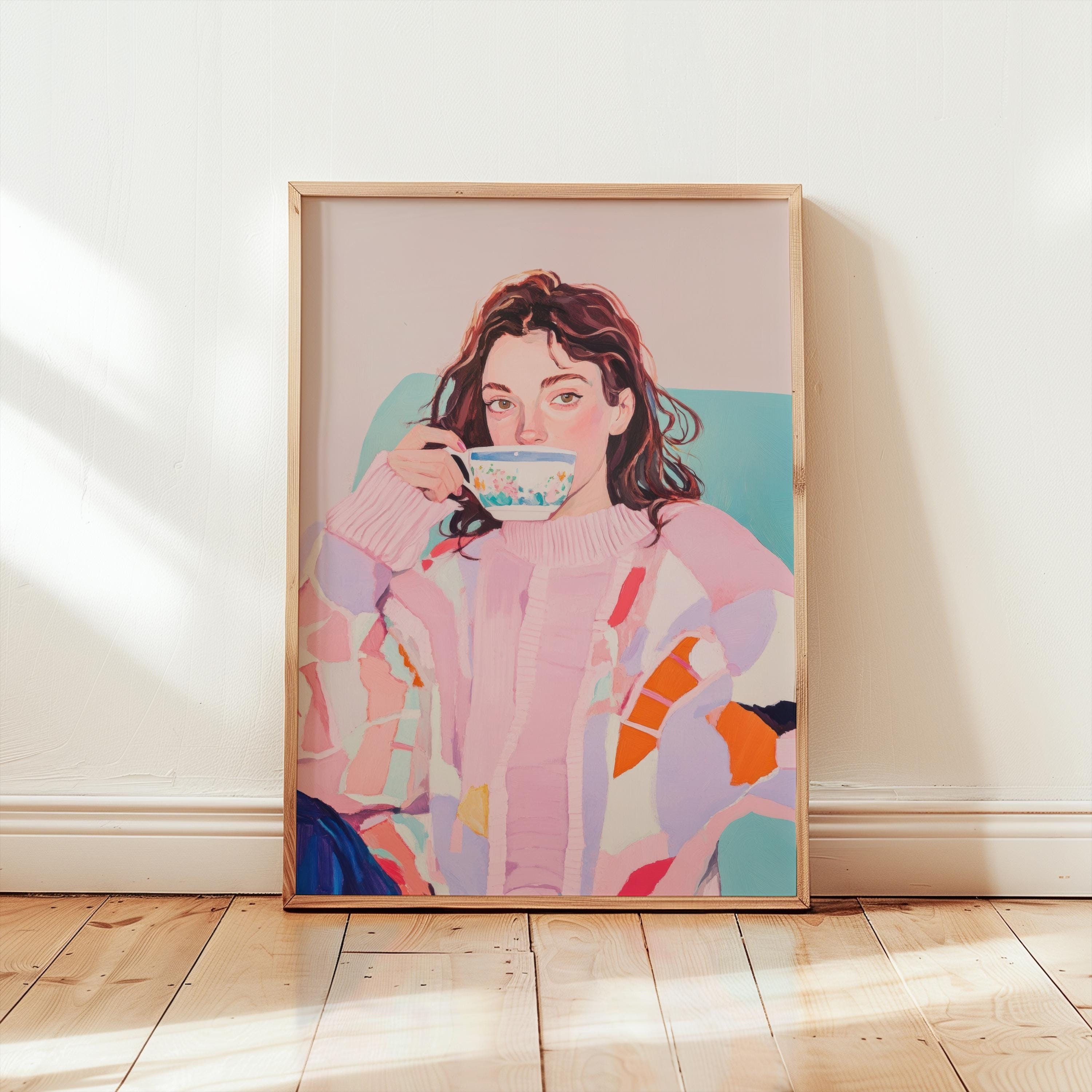 empowering female wall art | relaxing woman portrait | tea time art print | cozy pastel vintage aesthetic art | modern feminist poster