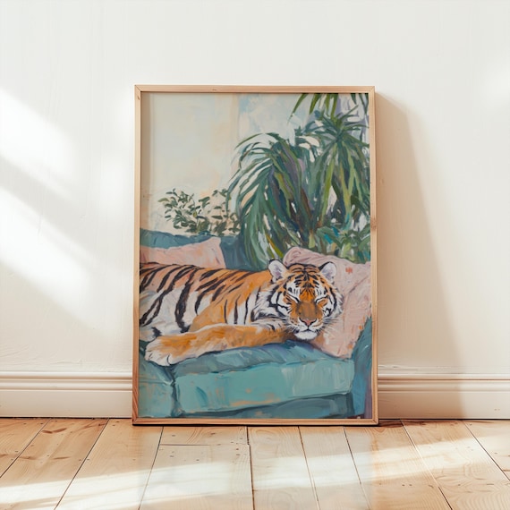 tiger poster | tiger painting | retro wall art | vintage tiger art print | tiger on sofa | whimsical decor | bedroom print