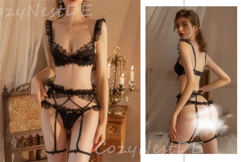 Satin Bra Thong and Garter Belt Set With Ruffled Straps Etsy Australia