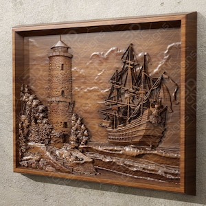 May include: A wooden carving of a ship sailing past a lighthouse. The carving is framed in a dark wood frame. The carving is detailed and realistic, with the ship's sails, masts, and hull clearly visible. The lighthouse is tall and slender, with a small window at the top. The carving is set against a background of clouds and waves.