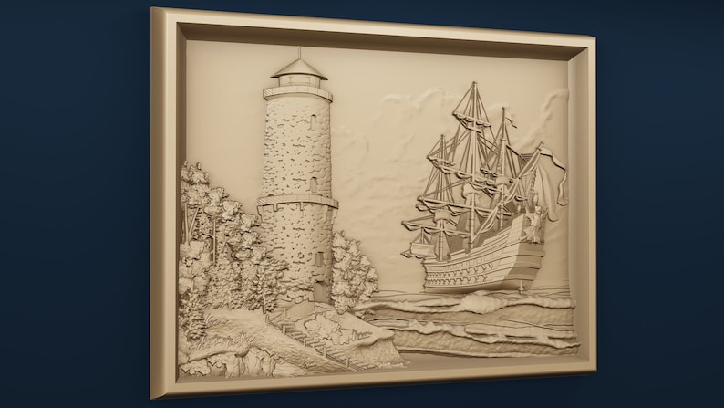 May include: A 3D relief carving of a lighthouse and a sailing ship on a wooden plaque. The lighthouse is made of stone and has a tall, cylindrical tower. The ship is a three-masted sailing ship with a large, square sail. The carving is painted in shades of brown and beige.
