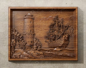 Lighthouse and Ship - STL File For CNC Wood Carving