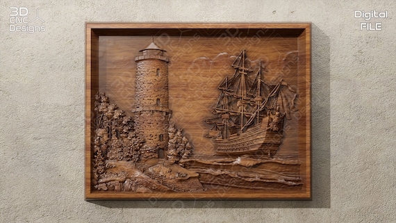 Lighthouse and Ship - STL File For CNC Wood Carving