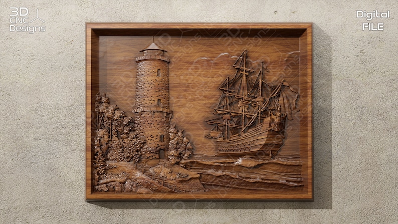 May include: A wooden carving of a lighthouse and a ship sailing on the ocean. The carving is framed in a dark wood frame.