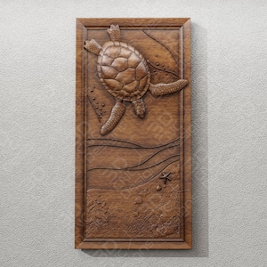 May include: A wooden wall plaque with a carved image of a sea turtle swimming in the ocean. The turtle is brown and has a detailed shell. The ocean is represented by carved waves and a starfish.