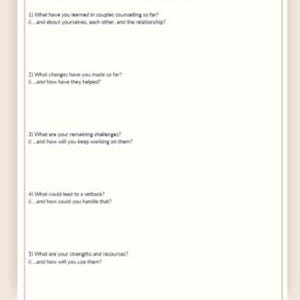 K&ouml;nnte beinhalten: Ein wei&szlig;es Arbeitsblatt mit der &Uuml;berschrift "COUPLES COUNSELLING CHECK IN WORKSHEET" mit Fragen zur Paartherapie. Die Fragen beziehen sich auf Lernen, Ver&auml;nderungen, Herausforderungen, R&uuml;ckschl&auml;ge und St&auml;rken.