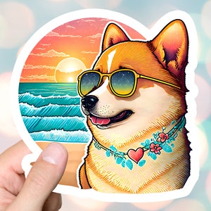 Shiba Inu Beach Sticker Kawaii Doggo Gift Sticker for Laptop Computer Bullet Journal