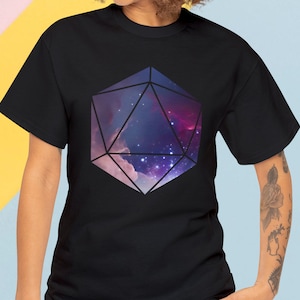 D20 Galaxy Purple Tshirt, Dice T-shirt, Dungeons and Dragons Die, Nebula, RPG Gamer Themed, Tabletop RPG, Birthday Gift,