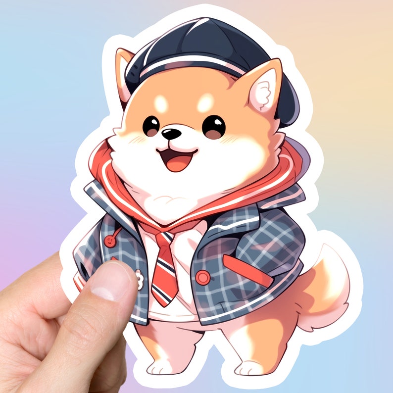 Peut inclure: Une illustration de dessin anim&eacute; d'un chien Shiba Inu portant une veste en plaid bleu et blanc, une cravate ray&eacute;e rouge et blanche et une casquette bleue. Le chien sourit et a une expression joyeuse.