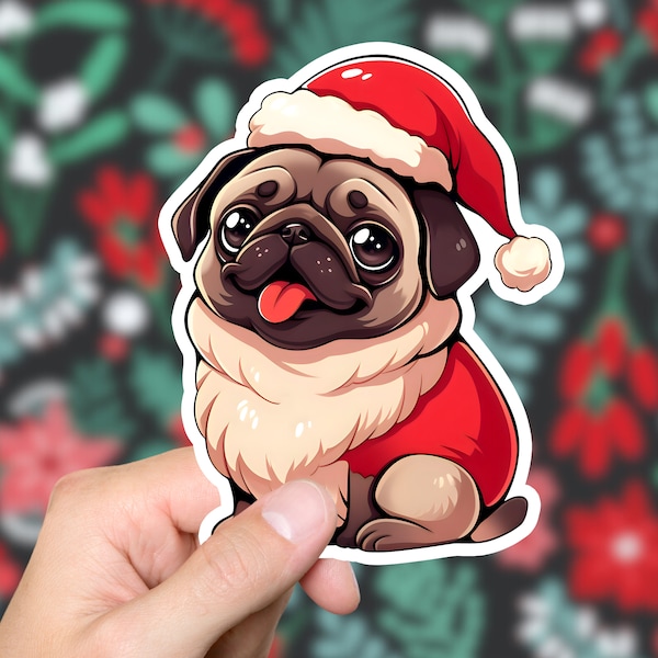 Christmas Pug Sticker, Cute Season Celebration Gift, Cute Stickers, For Laptop, Computer, Kawaii Gift