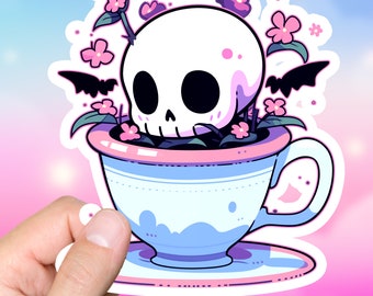 Cute Death and Tea Sticker Kawaii Pastel Goth Death Gift for Laptop Computer Skull Art