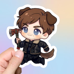 May include: A sticker featuring a cartoon character with brown hair and dog ears, holding a red axe. The character wears a black jacket with a fur collar and black pants. The sticker has a white border and is set against a pastel gradient background.