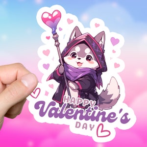 May include: A cartoon sticker of a grey and white wolf wearing a purple hooded cloak and holding a staff with a pink heart at the top. The wolf is smiling and has a pink heart above its head. The sticker says "Happy Valentine's Day" in pink letters.