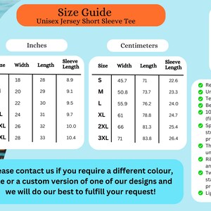 May include: Size chart for a unisex short sleeve jersey tee. The chart shows measurements in inches and centimeters for sizes S through 3XL. The chart includes width, length, and sleeve length.