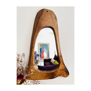Wooden mirror,  Rustik Ev Dekorasyonu, Natural, Farmhouse, Boho, Modern wood mirror,  Irregular mirror, Walnut, Mirror, Birthday Gift, Gift