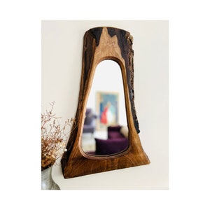 Natural wood, Farmhouse, Boho,  Rustik Ev Dekorasyonu, Modern wood mirror, Walnut mirror, Asymmetrical, wooden for wall, Birthday Gift, Gift