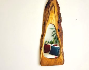 May include: A unique, handcrafted wooden mirror with a natural, organic shape. The mirror's frame is made from a single piece of wood, showcasing the wood grain and texture. The mirror reflects a glimpse of a room with pillows and plants.