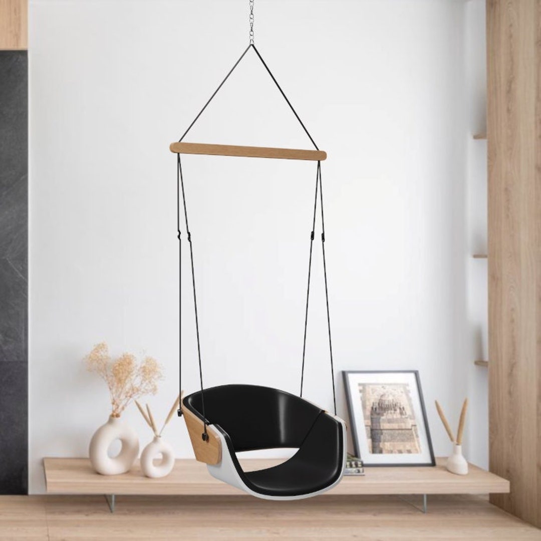 Oak Veneer Lounge Swing Chair, Black Eco-leather Seat - Etsy.de