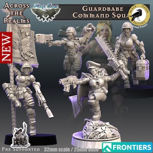 Peut inclure: Ensemble de figurines miniatures détaillées, le "Guardbabe Command Squad", avec armures et armes futuristes. Les figurines sont dans des poses dynamiques, certaines tenant des armes et un drapeau. L'image comprend le texte "Across the Realms" et "Frontiers."