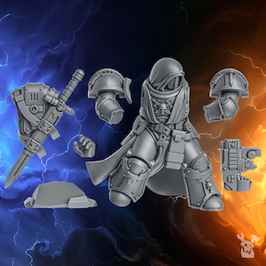 Op de afbeelding: Een verzameling grijze plastic miniatuurfiguren, waaronder een figuur met capuchon, pantseronderdelen, een zwaard, een pistool en een rotsachtige basis. De figuren zijn gedetailleerd met schedelmotieven en mechanische elementen, tegen een blauw-oranje achtergrond.