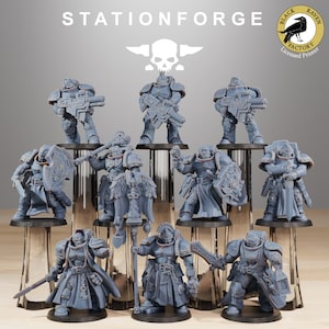 Peut inclure: Dix figurines miniatures en plastique gris de guerriers de l'espace, certains tenant des armes, d'autres des boucliers, tous debout sur des socles noirs. Les figurines sont disposées en deux rangées, la rangée avant étant légèrement plus basse que la rangée arrière. Les figurines portent toutes une armure et des casques. L'arrière-plan est gris clair. L'image comprend également le texte "STATIONFORGE" et un logo avec un crâne et des os croisés.