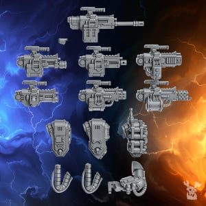 May include: A set of 10 grey plastic miniature weapon parts for a tabletop wargame. The weapons are detailed with intricate designs and include a variety of styles, such as rifles, pistols, and grenades.