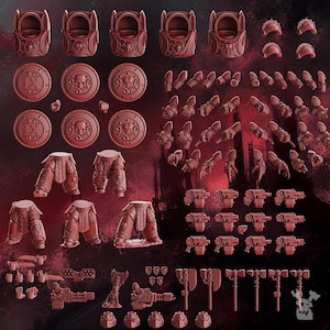 Peut inclure: Un ensemble de figurines miniatures en plastique rouge pour un jeu de guerre sur table. L'ensemble comprend diverses parties du corps, des armes et des accessoires. Les figurines sont conçues pour être assemblées et peintes.