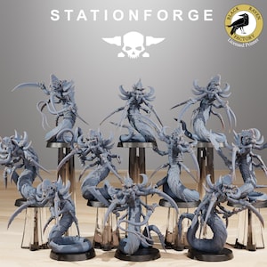 May include: A set of 10 grey 3D printed miniature figures of serpentine creatures with multiple limbs and sharp claws. The figures are posed in various dynamic stances and are ready for tabletop gaming.