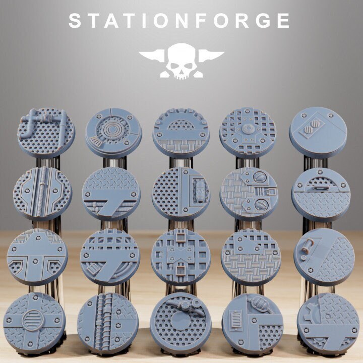 5x 40mm Round Bases Industrial Base 2.0 - StationForge miniature for tabletop wargames, 28mm scale
