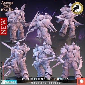 Peut inclure: Six figurines miniatures non peintes de guerriers masculins en armure, chacun tenant une épée ou une arme. Les figurines sont étiquetées "Champions of Excess" et "Male Archetypes". L'image comprend le texte "Across the Realms" et "NEW".