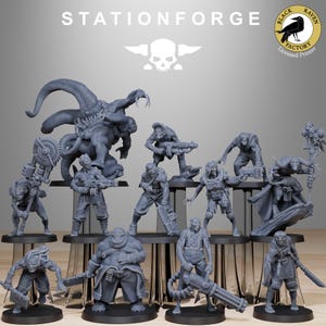 May include: A collection of 12 grey 3D printed miniature figures, including a monstrous creature, a human-like figure with a chainsaw, and several figures holding weapons. The figures are arranged on circular bases and are part of the Stationforge Black Raven Factory line.
