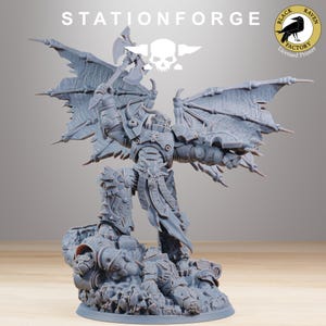May include: A gray plastic miniature of a winged demon figure holding a large axe, standing over a pile of fallen figures. The figure is printed with intricate details and is part of a tabletop game.
