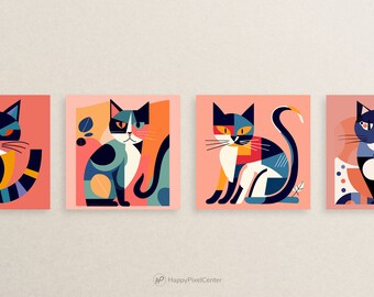 Abstracte kattenmuurkunst, geometrische kleurrijke kattenafdrukken, digitale print, afdrukbare poster, printdownload, canvasmuur, kattenprint, dierenposter