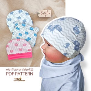 Puede incluir: Un patrón PDF para tres estilos de gorros de bebé, con video tutorial, que incluye el texto 3 styles, with Tutorial Video, PDF PATTERN y THUY SEWING PATTERN. Los gorros muestran estampados de elefantes azules y rosas sobre fondo chevron.