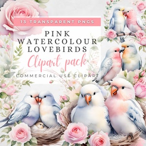 Acuarela Lovebirds Clipart, Agapornis, Imágenes Prediseñadas de acuarela, diarios basura, Arte Digital Romántico, Invitación de boda, Rosa