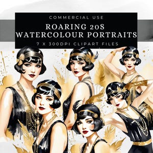 Flapper girl clipart, Roaring 20s Clipart, Great Gatsby, 1920s party, 1920S Dancers, 1920S Gatsby, Black & Gold clipart, Watercolor png