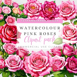 Watercolour pink Rose Clipart, pink Flower Clipart, pink Rose Florals, Wedding Invitation, Rose Bouquet PNG, Junk Journal, Watercolor Rose