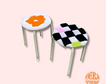 Unique Checkerboard Tufted Stool and Tufted Stool with Flower | Home Decor | Wall Art | Custom Rug |100% Handmade Rug | Funky Chair | Stool