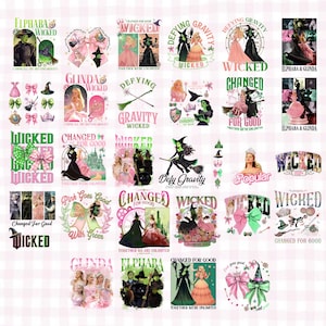 May include: A collage of 18 colorful images featuring the characters Elphaba and Glinda from the musical Wicked. The images include various quotes from the musical, such as "Defying Gravity", "Changed for Good", and "Popular".