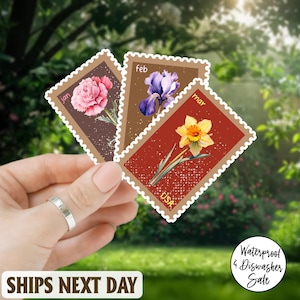 Birth Flower Stamp Stickers – Choose your Month – Water Bottle Sticker, Laptop Decal – Birthday, Mother’s Day, Gifts for her
